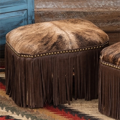 Western Cowhide Ottoman with Leather Fringe